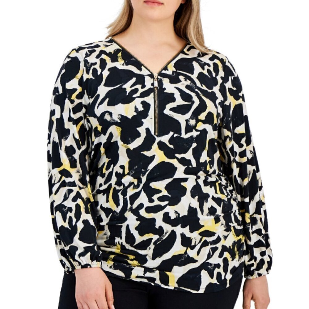 JM Collection Plus Size White, Black & Yellow Printed Zip-Front Top NWT